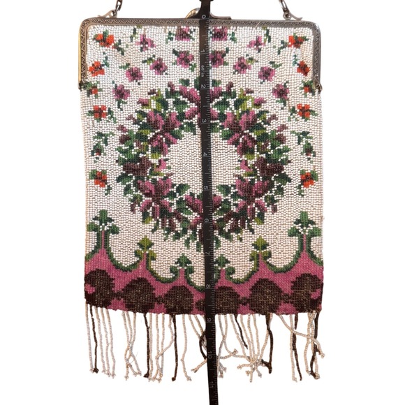 Vintage Beaded‎ 1920s Flapper Bag Purse Floral Wreath Antique Art Deco Style 7x9 - Picture 8 of 9